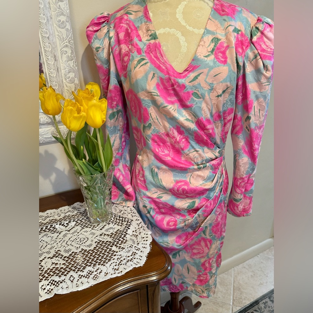 Flora Kung Vtg Silk Roses 80’s Beauty Ruched Waist Tulip Hem Side Zip Dress 8